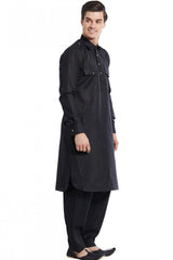 Buy Men's Cotton Linen Solid Pathani Set in Black Online - Front