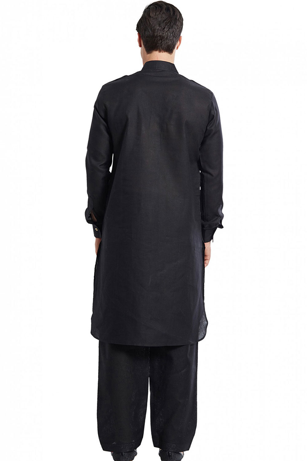 Buy Men's Cotton Linen Solid Pathani Set in Black Online - Side