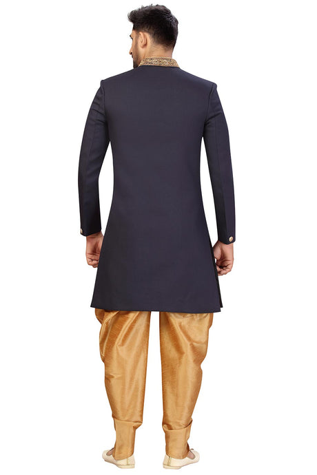 Buy Men's Imported Suiting Fabric Solid Sherwani Set in Navy Blue  Online - Back