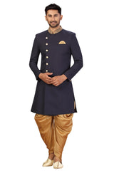 Buy Men's Imported Suiting Fabric Solid Sherwani Set in Navy Blue  Online - Front