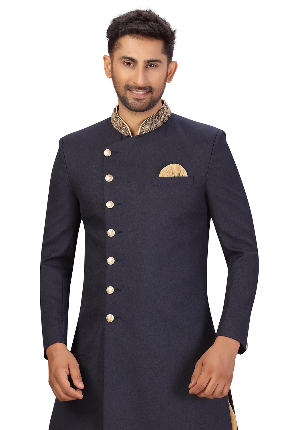 Buy Men's Imported Suiting Fabric Solid Sherwani Set in Navy Blue  Online - Side