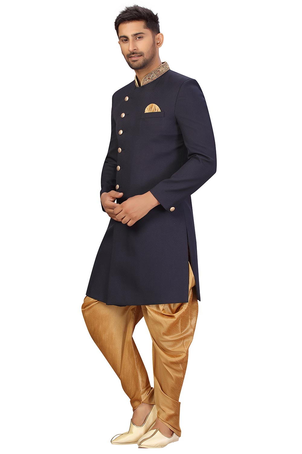 Buy Men's Imported Suiting Fabric Solid Sherwani Set in Navy Blue  Online - Zoom In