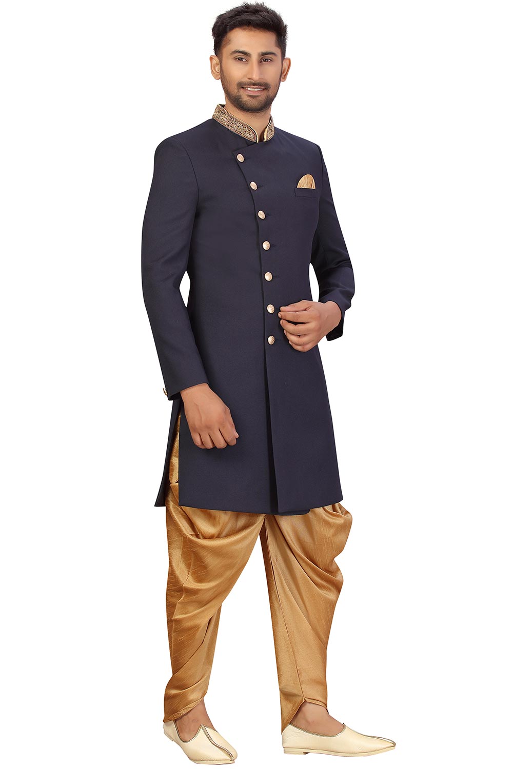 Buy Men's Imported Suiting Fabric Solid Sherwani Set in Navy Blue  Online - Zoom Out