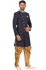 Buy Men's Imported Suiting Fabric Solid Sherwani Set in Navy Blue  Online - Zoom Out