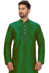Buy Men's Art Silk Embroidered Kurta Set in green Online - Front