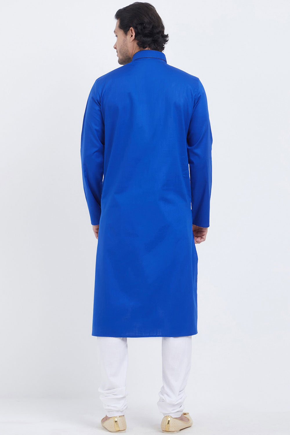 Buy Men's Blended Cotton Solid Kurta Set in Royal Blue Online - Back