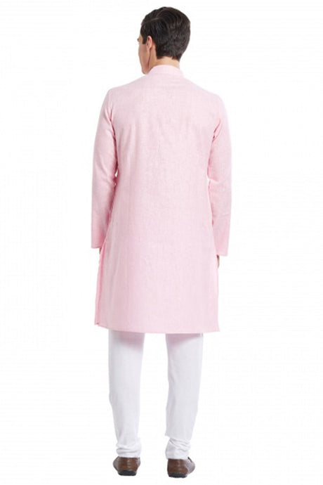 Buy Men's Blended Cotton Solid Kurta Set in Pink Online - Back