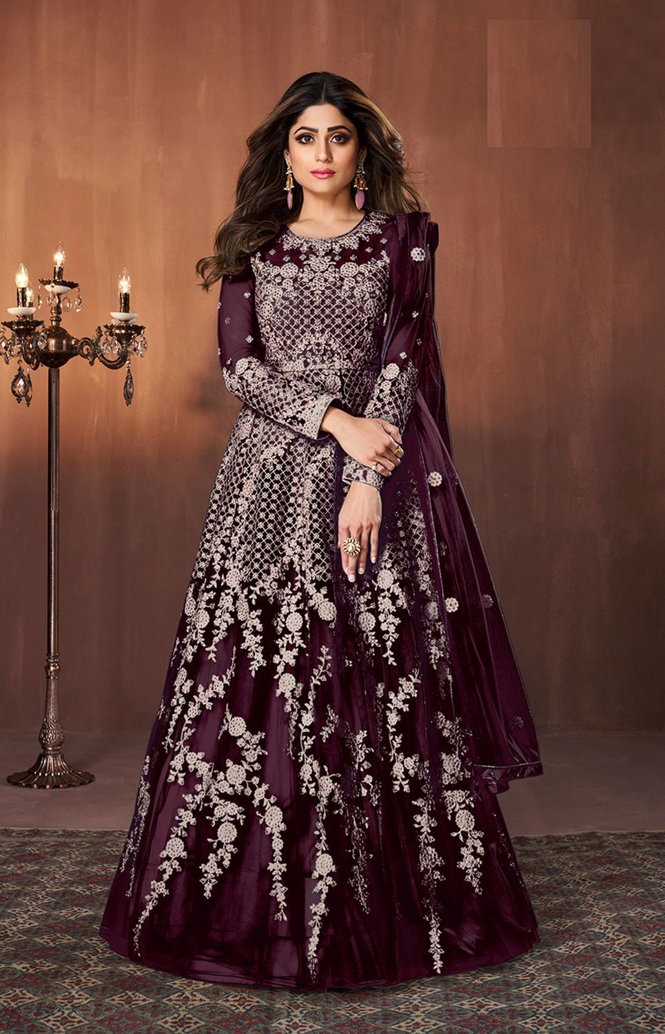 Wine Net Embroidered Salwar Kameez