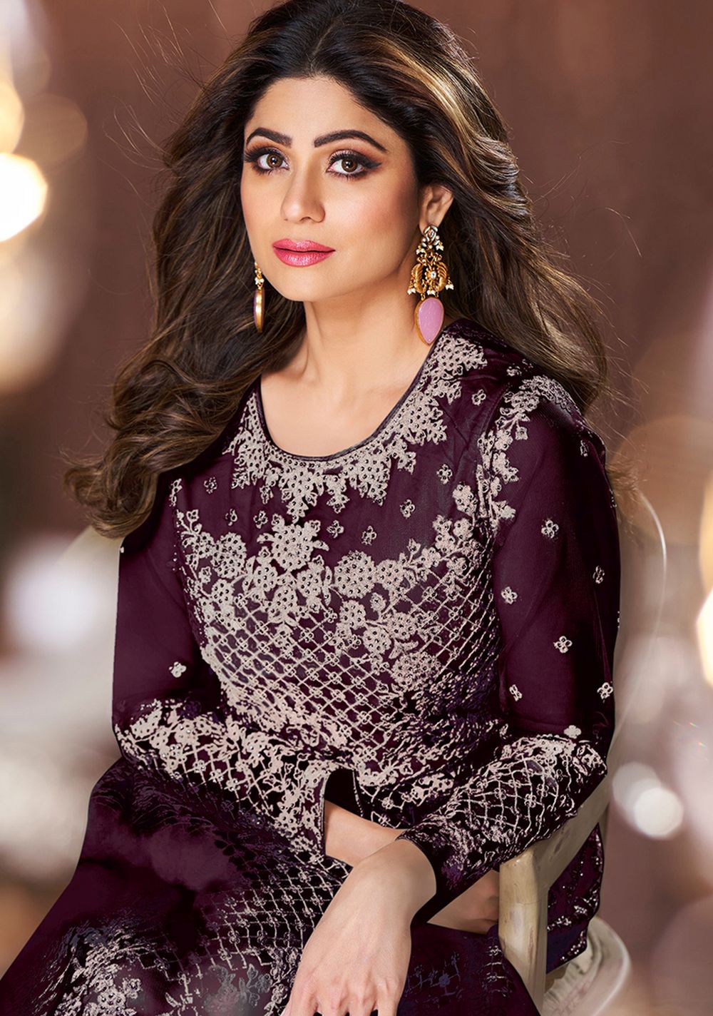 Wine Net Embroidered Salwar Kameez