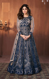 Blue Net Embroidered Net Salwar Suits