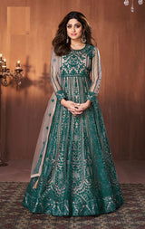 Teal Net Embroidered Net Salwar Suits