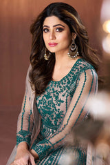 Teal Net Embroidered Net Salwar Suits