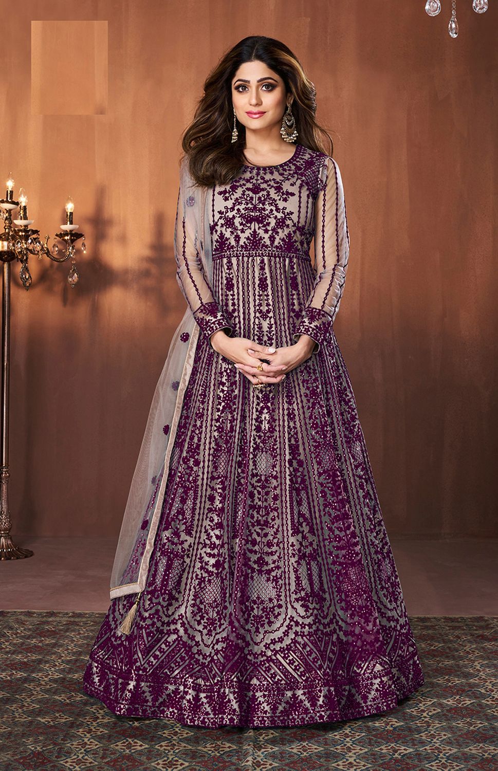 Wine Net Embroidered Net Salwar Suits