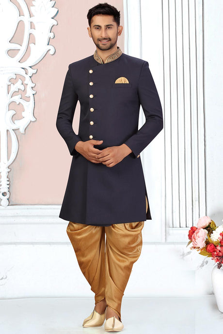 Buy Men's Imported Suiting Fabric Solid Sherwani Set in Navy Blue  Online