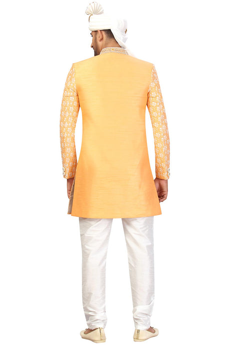 Buy Men's Art Silk  Embroidery  Sherwani Set in Light Yellow Online - Back