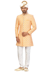 Buy Men's Art Silk  Embroidery  Sherwani Set in Light Yellow Online - Front