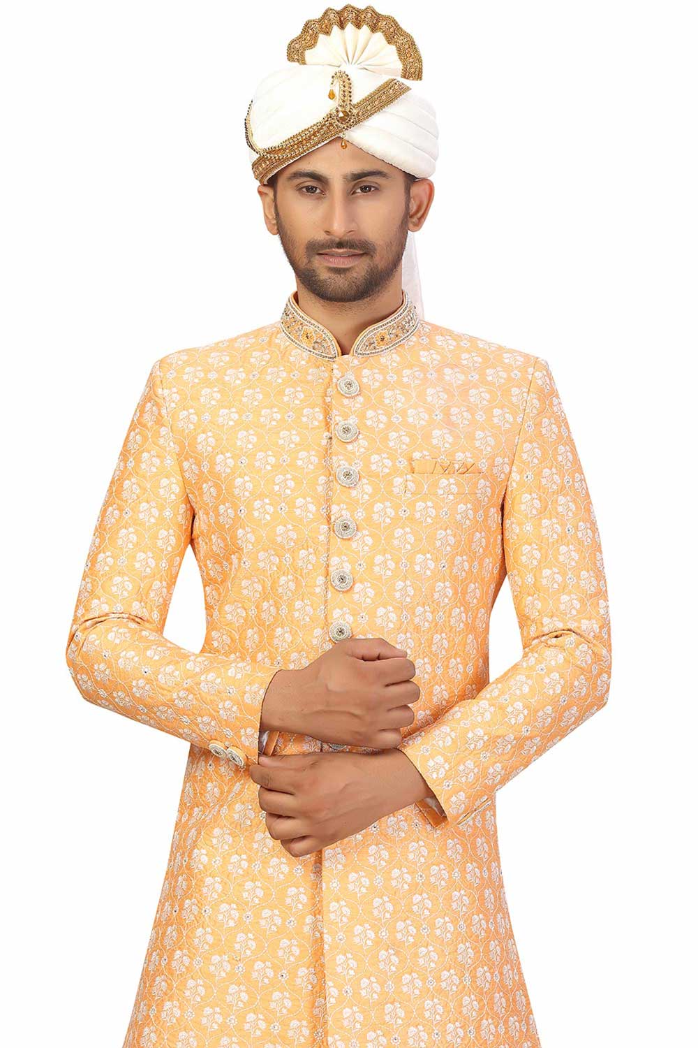 Buy Men's Art Silk  Embroidery  Sherwani Set in Light Yellow Online - Side