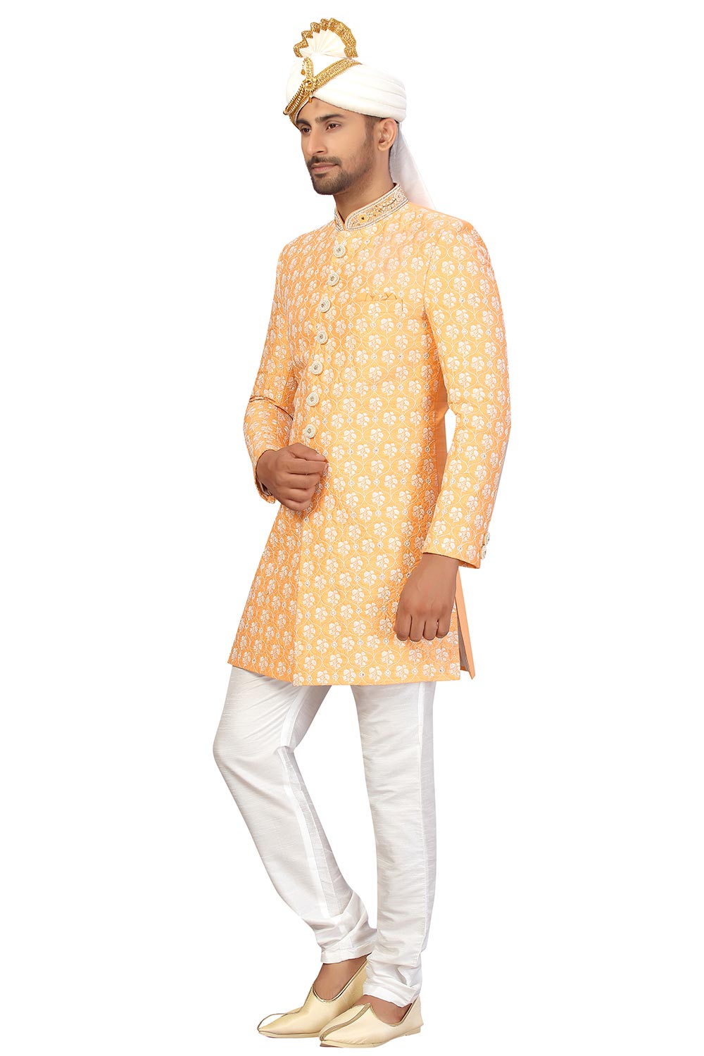 Buy Men's Art Silk  Embroidery  Sherwani Set in Light Yellow Online - Zoom In