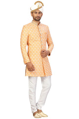 Buy Men's Art Silk  Embroidery  Sherwani Set in Light Yellow Online - Zoom Out