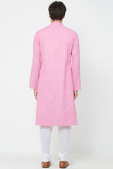 Buy Men's Blended Cotton Solid Kurta Set in Pink Online - Back
