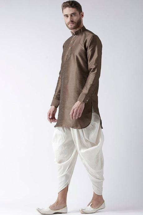 Buy Men's Art Silk Solid Kurta in Brown Online - Front