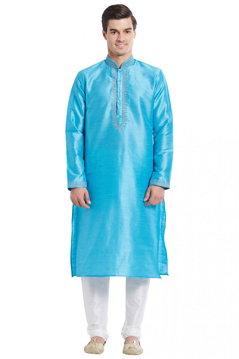 Buy Men's Art Silk Embroidered Kurta Set in Sky Blue Online