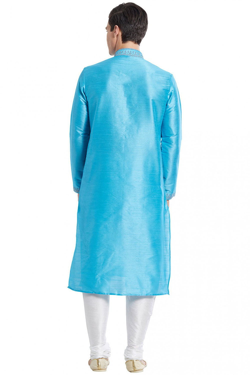 Buy Men's Art Silk Embroidered Kurta Set in Sky Blue Online - Side