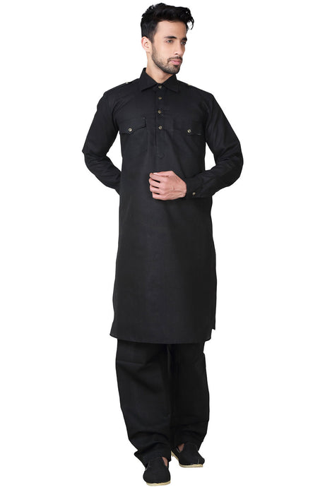 Buy Men's Blended Cotton Solid Kurta Set in Black Online