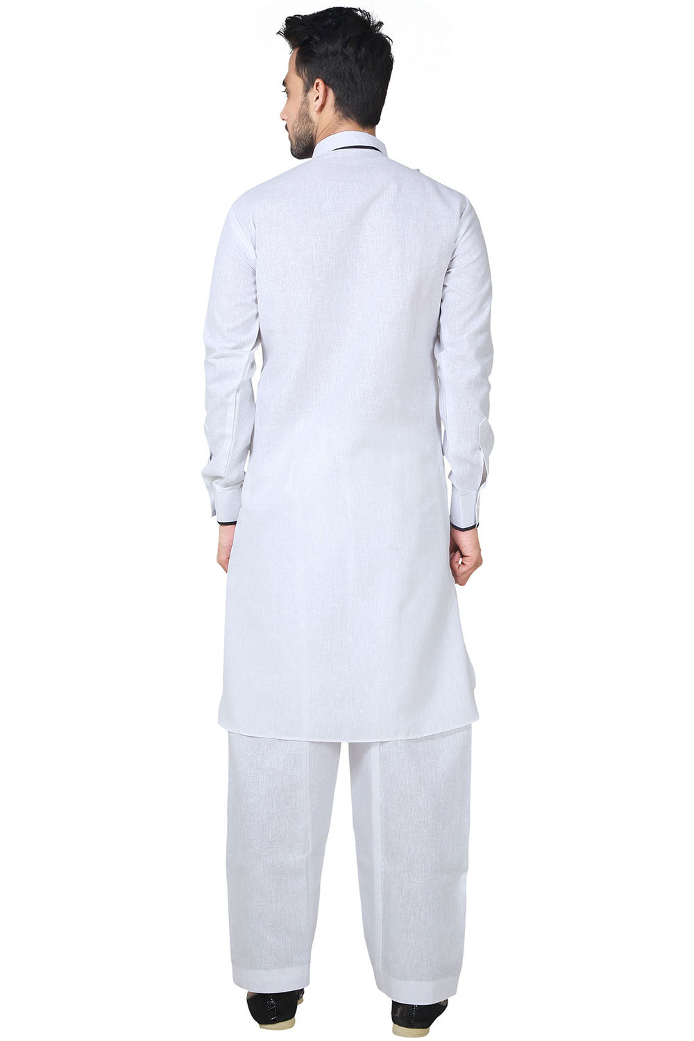 Buy Men's Blended Cotton Solid Kurta Set in White Online - Back
