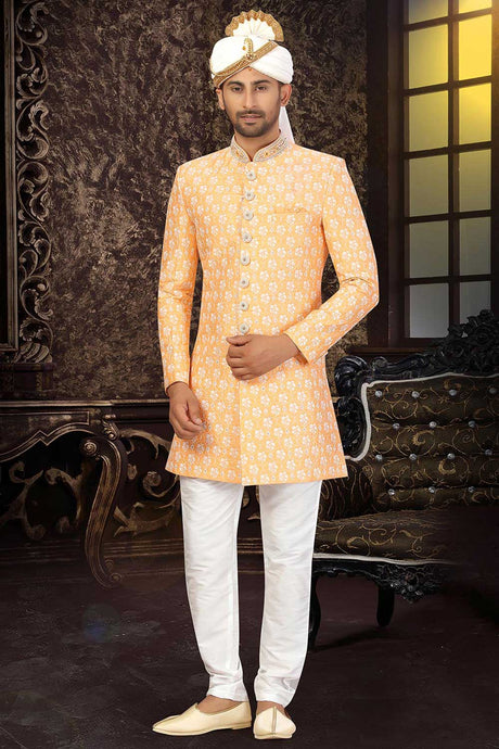 Buy Men's Art Silk  Embroidery  Sherwani Set in Light Yellow Online