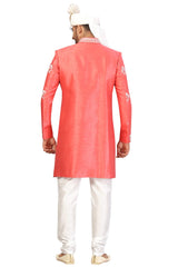 Buy Men's Art Silk  Embroidery  Sherwani Set in Carrot Red  Online - Back