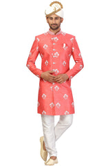 Buy Men's Art Silk  Embroidery  Sherwani Set in Carrot Red  Online - Front
