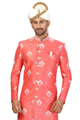 Buy Men's Art Silk  Embroidery  Sherwani Set in Carrot Red  Online - Zoom Out
