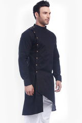 Buy Men's Blended Cotton Solid Kurta in Black Online - Back