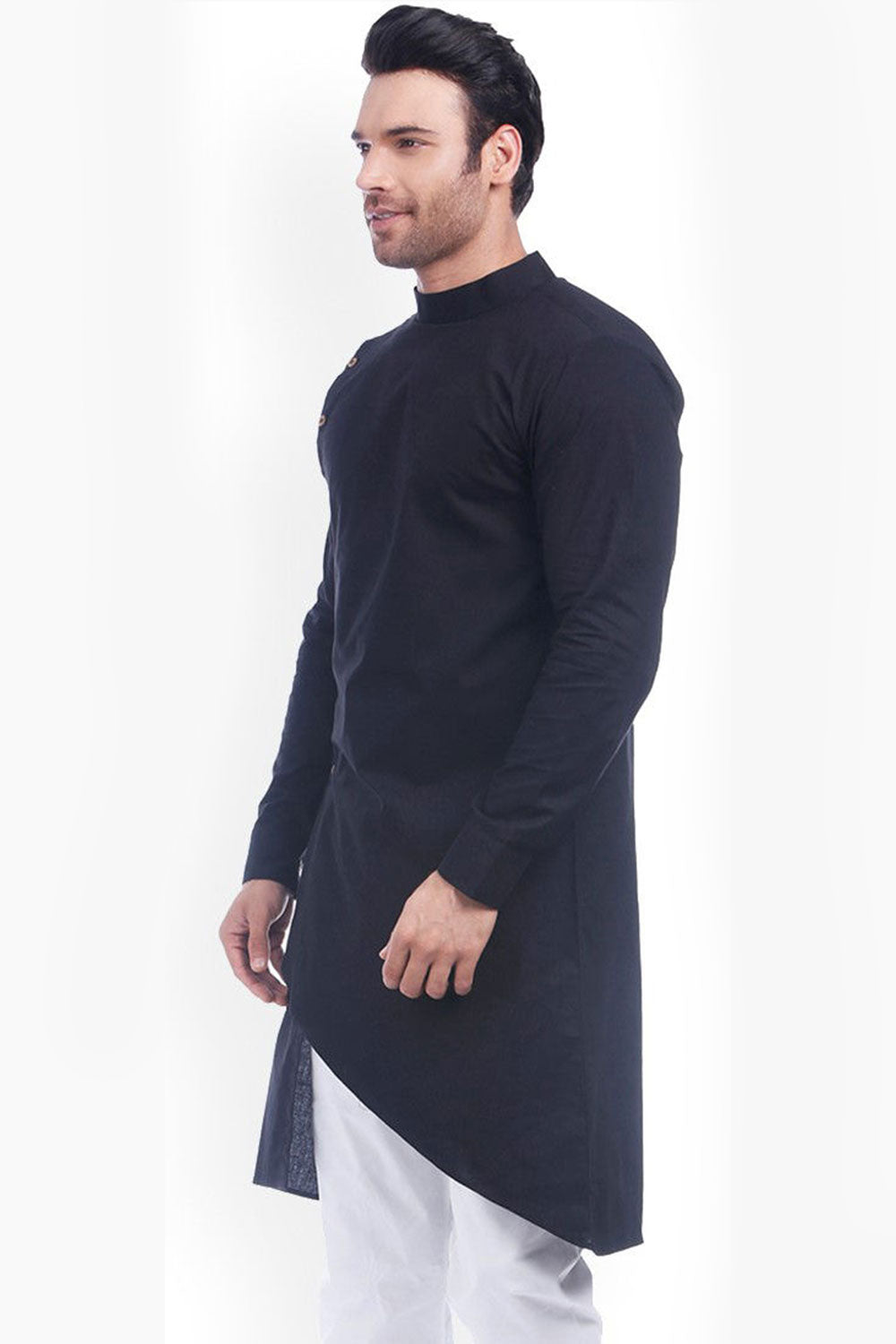 Buy Men's Blended Cotton Solid Kurta in Black Online - Front