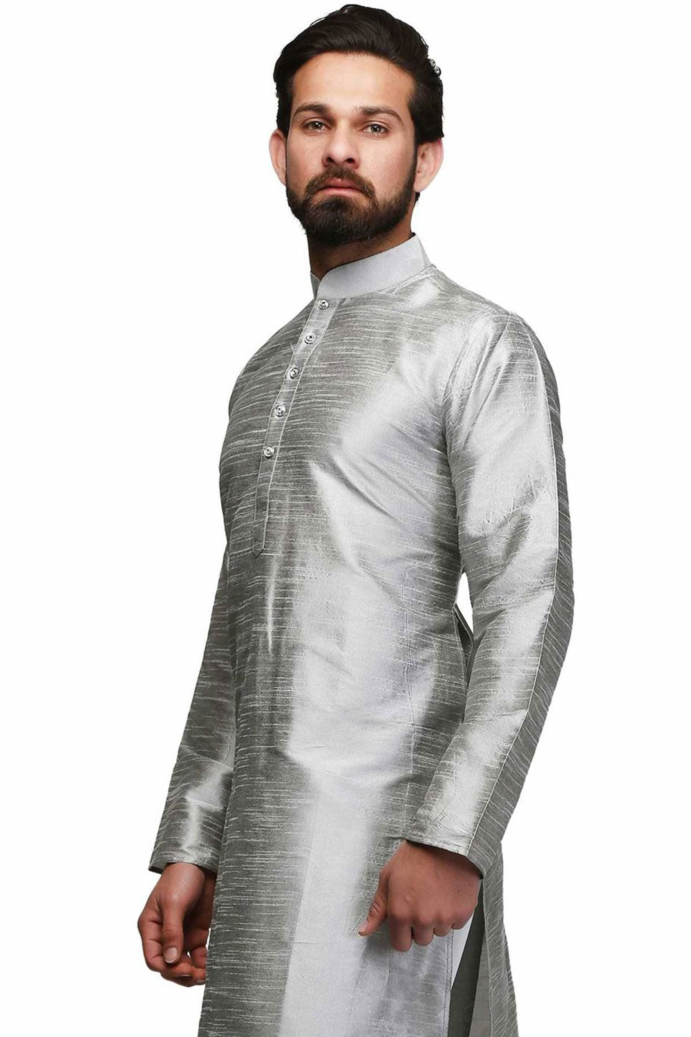 Buy Men's Art Silk Solid Kurta Set in Grey Online - Back
