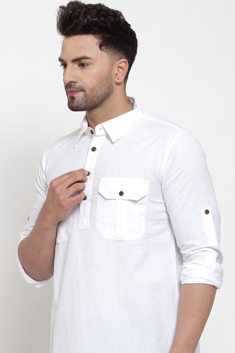 Buy Men's Blended Cotton Solid Kurta in White Online - Back
