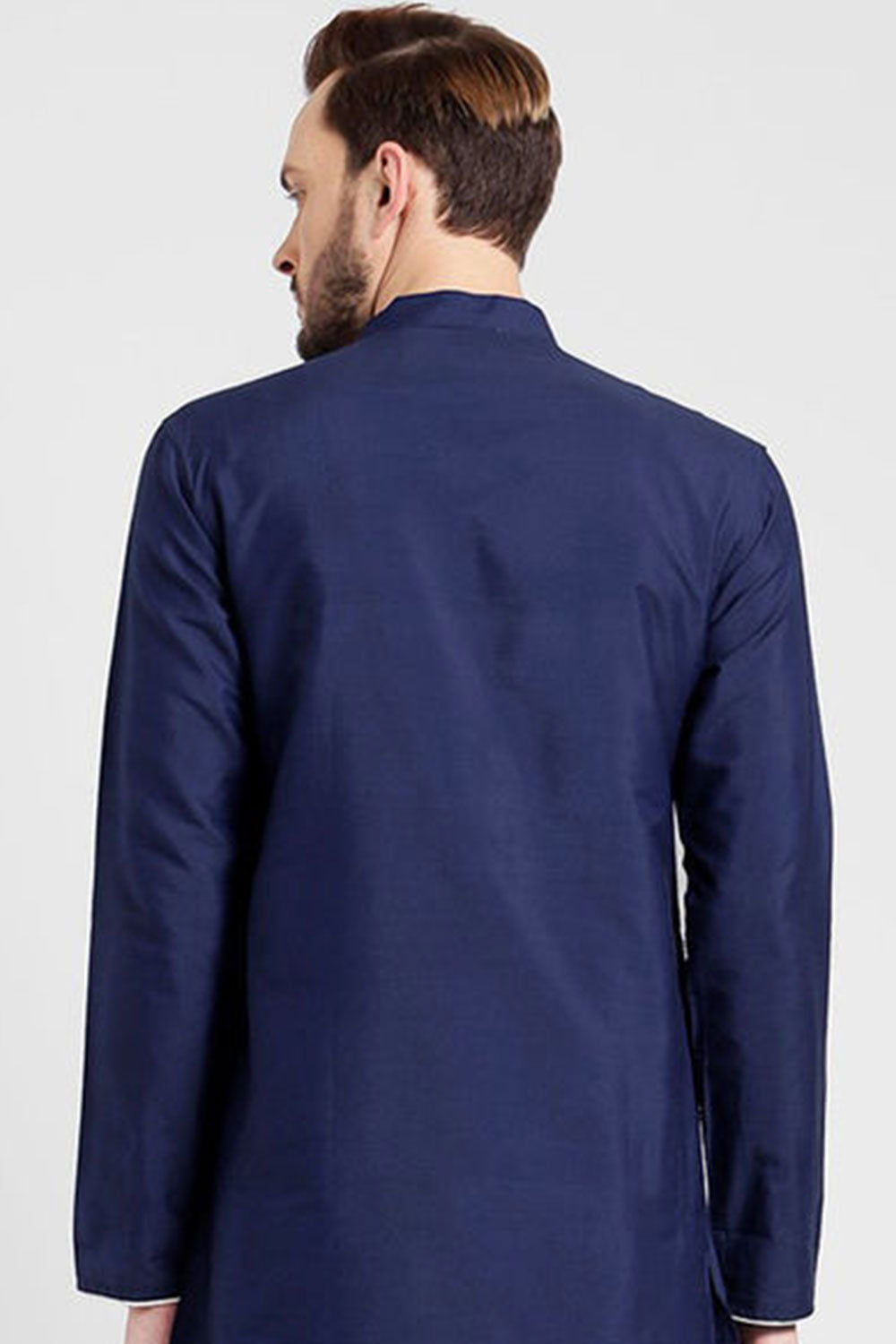 Buy Men's Art Silk Solid Kurta Set in Navy Blue Online - Side