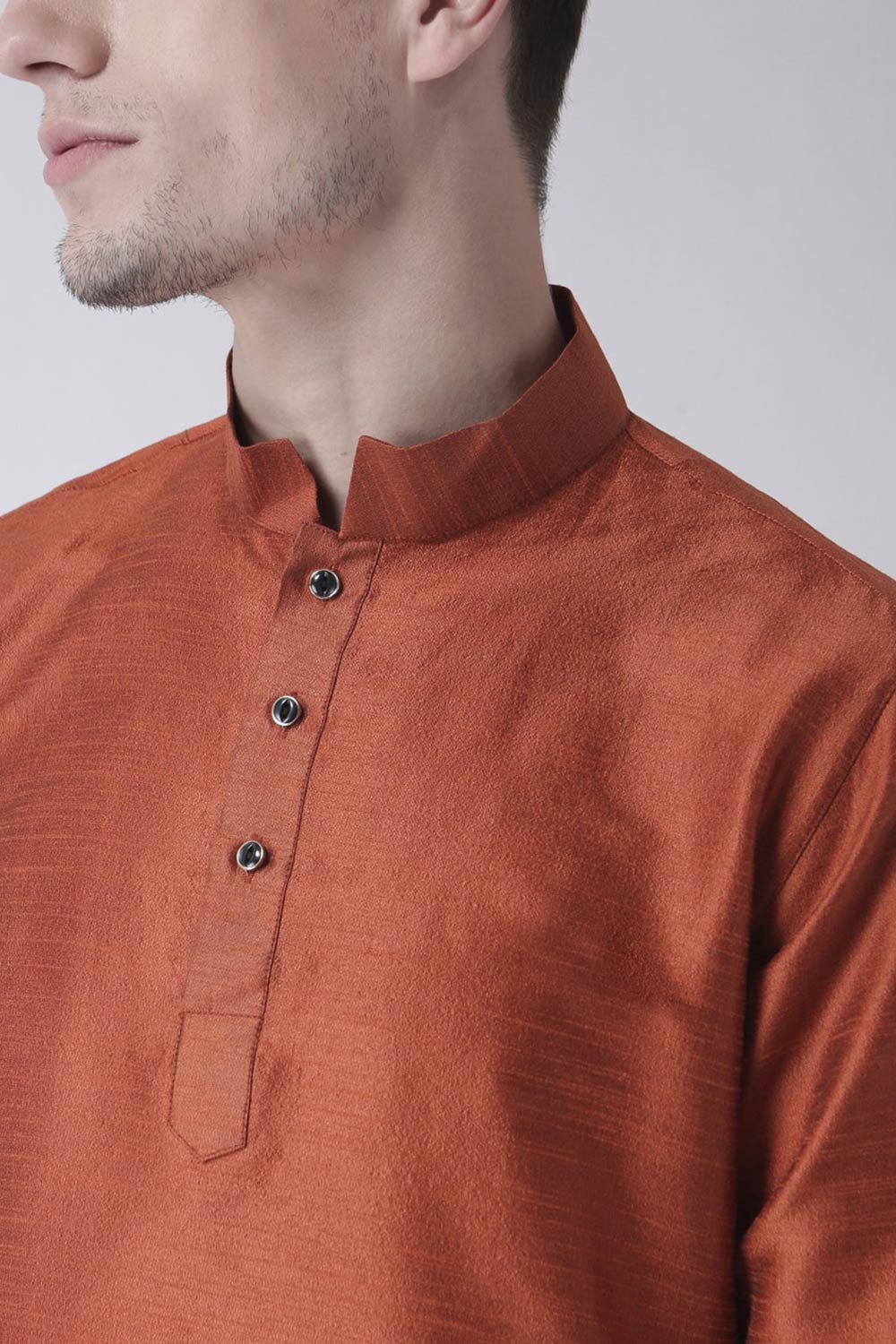 Buy Men's Art Silk Solid Kurta Set in Rust Online - Front