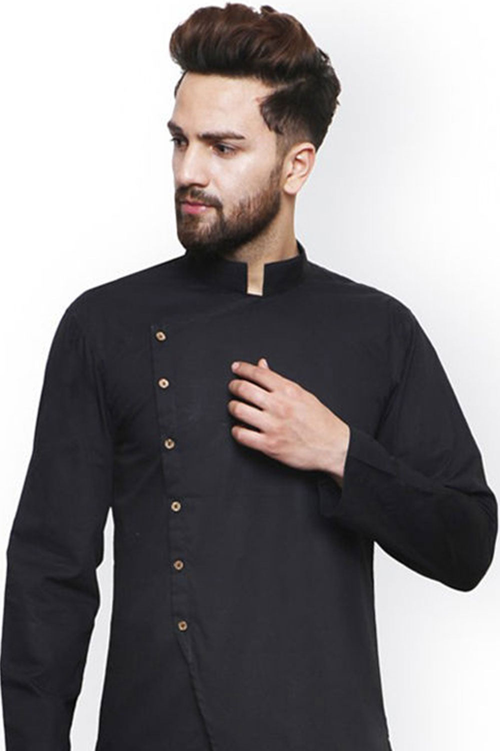 Buy Men's Blended Cotton Solid Kurta in Black Online