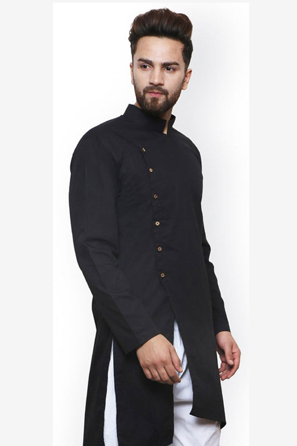 Buy Men's Blended Cotton Solid Kurta in Black Online - Front