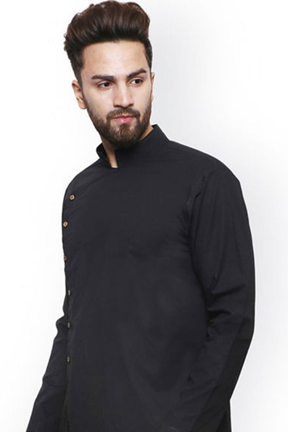 Buy Men's Blended Cotton Solid Kurta in Black Online - Side