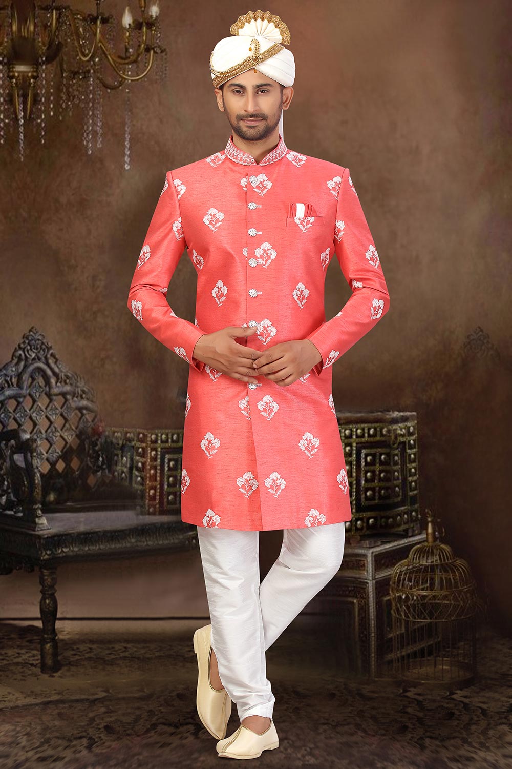 Buy Men's Art Silk  Embroidery  Sherwani Set in Carrot Red  Online