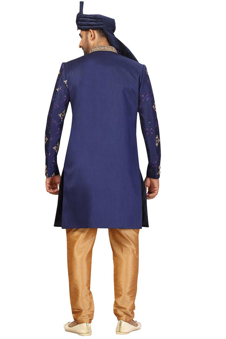 Buy Men's Art Silk  Embroidery  Sherwani Set in Navy Blue  Online - Back