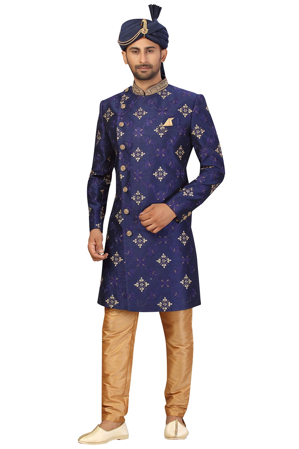 Buy Men's Art Silk  Embroidery  Sherwani Set in Navy Blue  Online - Front