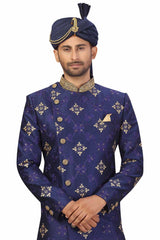 Buy Men's Art Silk  Embroidery  Sherwani Set in Navy Blue  Online - Side