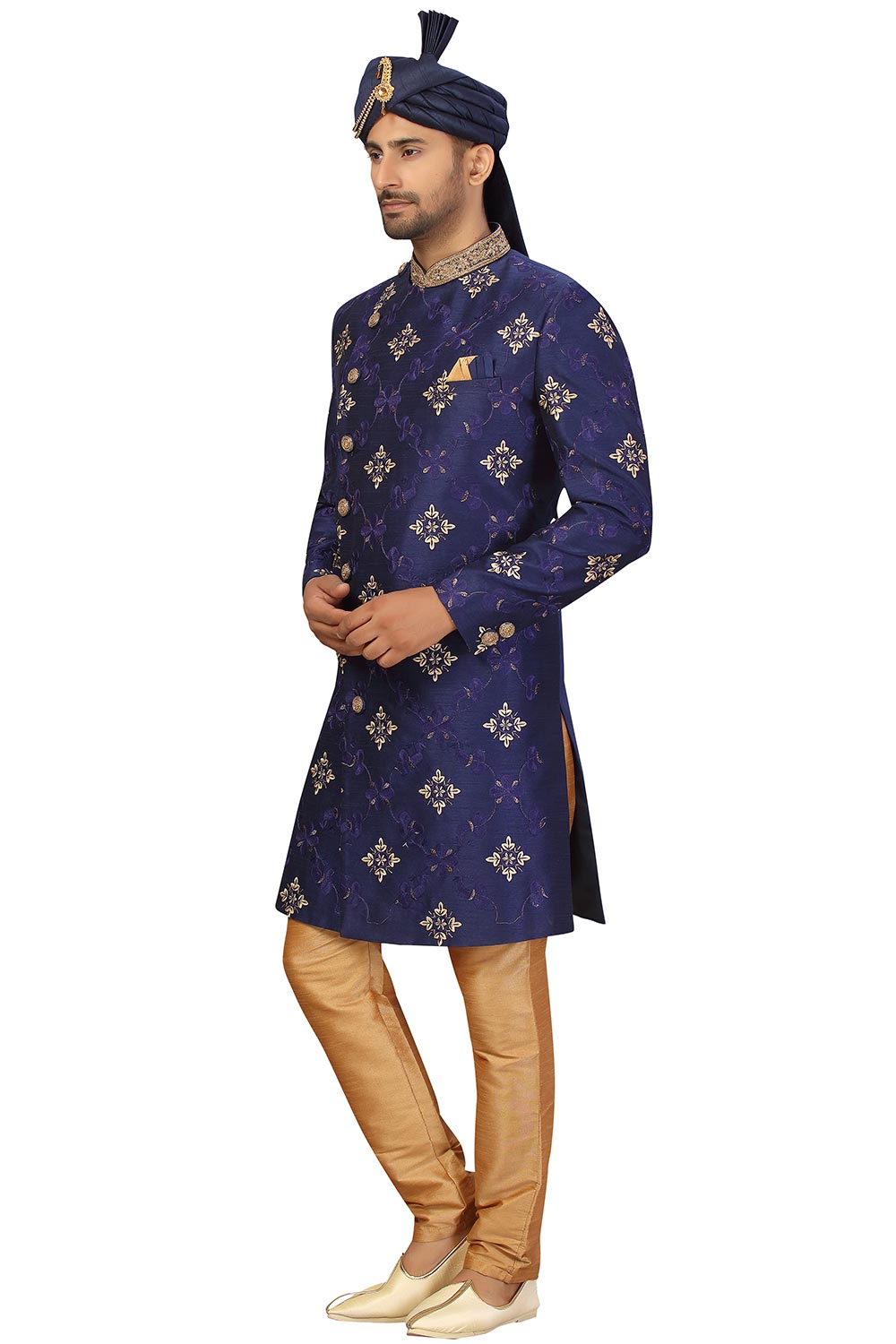 Buy Men's Art Silk  Embroidery  Sherwani Set in Navy Blue  Online - Zoom In