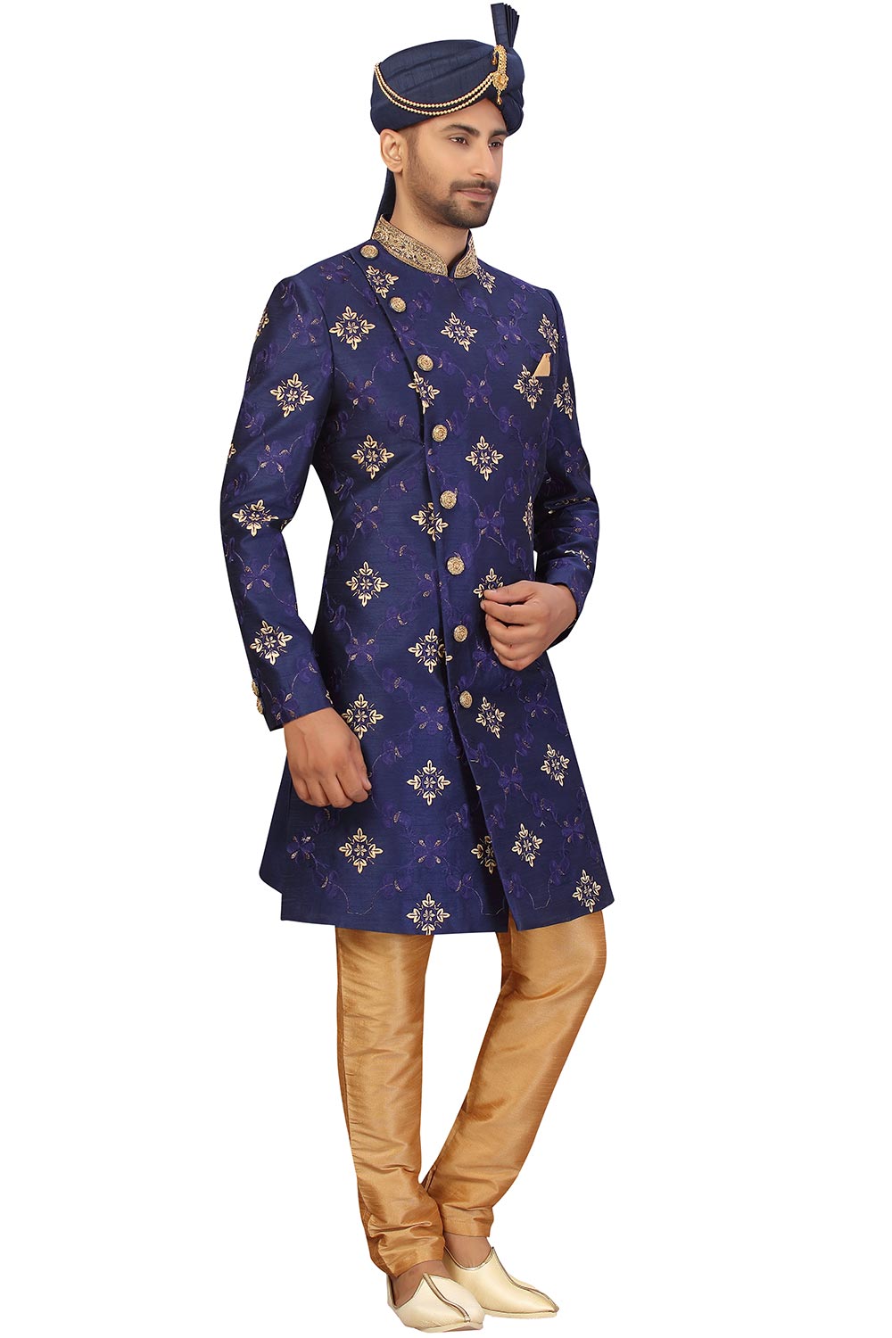 Buy Men's Art Silk  Embroidery  Sherwani Set in Navy Blue  Online - Zoom Out