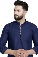 Buy Men's Blended Cotton Solid Kurta in Navy Blue Online