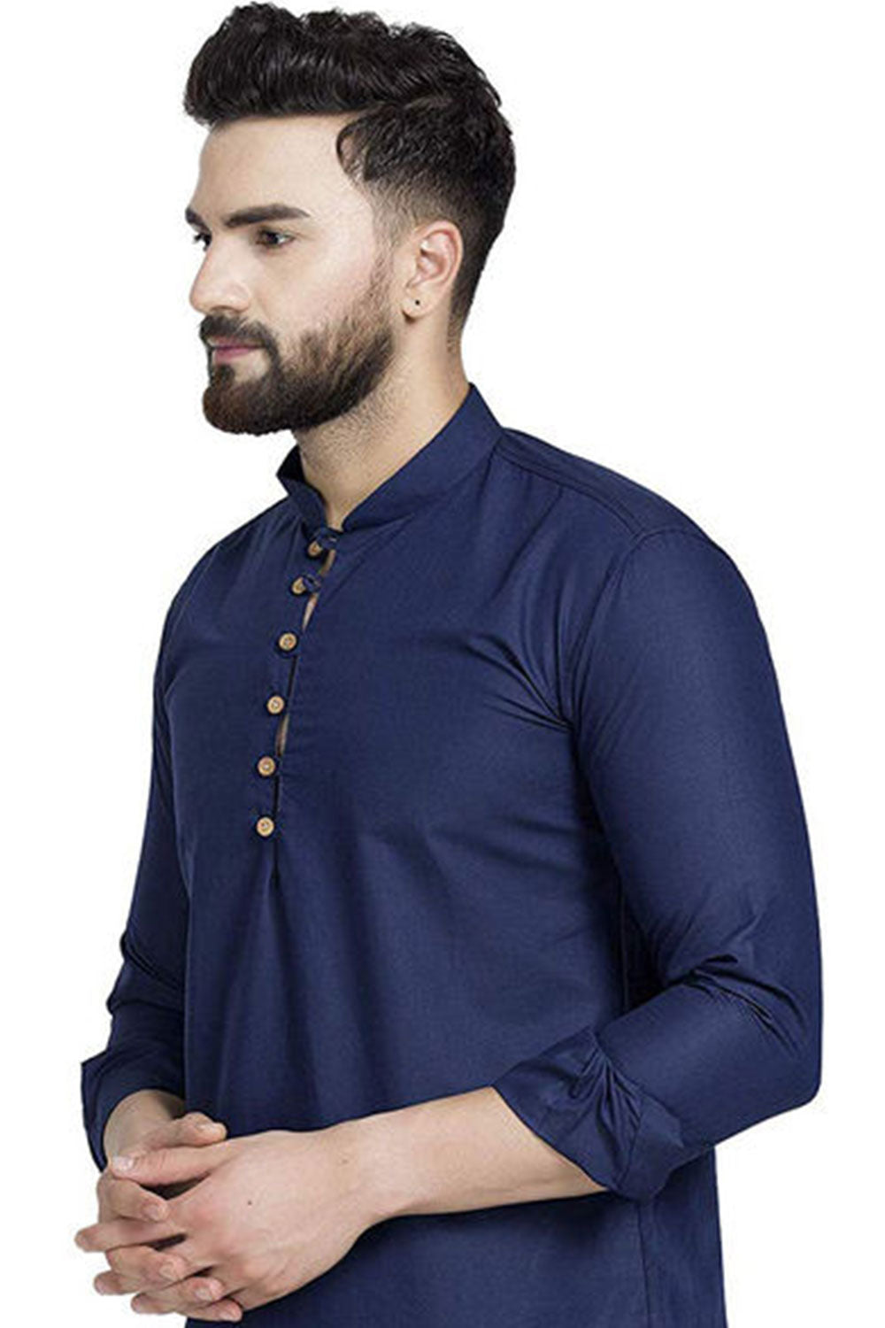 Buy Men's Blended Cotton Solid Kurta in Navy Blue Online - Front